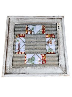 Rustic wood framed Tin cutout quilt background wall decor